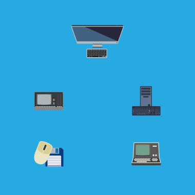 Düz simgesi dizüstü bilgisayar kümesi bilgisayar fare, teknoloji, bilgisayar ve diğer vektör nesneleri. Ayrıca klavye, yumuşak ve sarkık, işlemci öğeleri içerir.