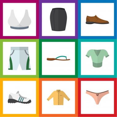 Düz simgesi elbise kümesi Banyan, erkek Footware, spor ayakkabıları ve diğer vektör nesneleri. Ayrıca şort, Banyan, giyim öğeleri içerir.