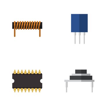 Düz simgesi aygıt kümesi bobin, hedef, mikro işlemci ve diğer vektör nesneleri. Ayrıca işlemci, bobin, direnç öğeleri içerir.