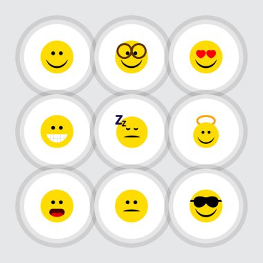 Düz simgesi jest uyuyor, hoş, memnun ve diğer vektör nesneleri kümesi. Ayrıca gözlük, kalp, sırıtış unsurları içerir.