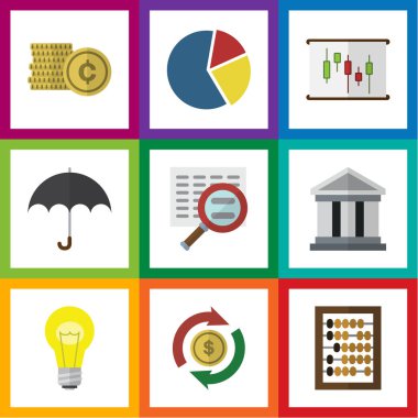 Düz simgesi gelen şemsiye, diyagram, banka ve diğer vektör nesnelerini ayarlayın. Diyagramı, fikir, değişim öğeleri de içerir.