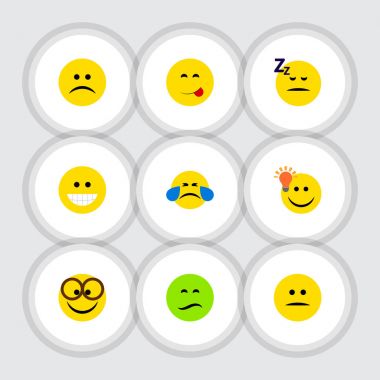 Düz simgesi yüz uyuyor, hiç memnun kalmamıştı, keyifli ve diğer vektör nesneleri kümesi. Fikir, uykuda, kaşlarını öğeleri de içerir.