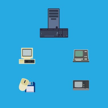 Düz simge bilgisayar kümesi Vintage donanım, bilgisayar, işlemci ve diğer vektör nesneleri. Ayrıca işlemci, klavye, disket öğeleri içerir.