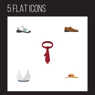 Düz simgesi giysi kümesi şık şapkalar, kravat, Brasserie ve diğer vektör nesneleri. Ayrıca spor ayakkabı, Footware, spor öğeleri içerir.