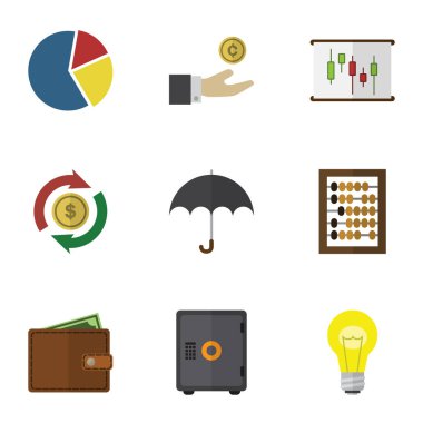 Düz simgesi gelen el madeni para, değişim, şemsiye vektör nesneleri ile ayarlayın. Ayrıca hesap makinesi, diyagram, abaküs öğeleri içerir.