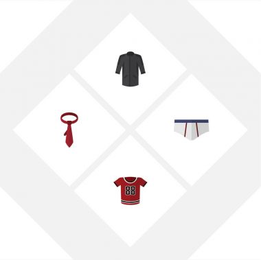 T-Shirt, çamaşır grupları, üniforma ve diğer vektör nesnelerini düz simge giysi seti. Bilgiler, iç giyim, giyim öğeleri de içerir.