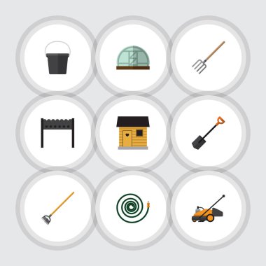 Düz kutsal kişilerin resmi Bahçe Spade, Barbekü, Hosepipe ve diğer vektör nesneleri kümesi. Ayrıca kürek, Barbekü, sera öğeler içerir.