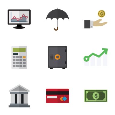Düz simgesi gelen banka, grafik, büyüme ve diğer vektör nesneleri kümesi. Ayrıca grafik, madeni para, güvenli öğeler içerir.