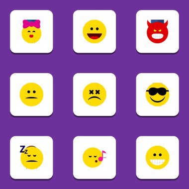 Düz simgesi ifade kümesi mutlu, şaşı yüz, gülümseme ve diğer vektör nesneleri. Ayrıca güneş gözlüğü, somurtmak, öğeleri uyku içerir.