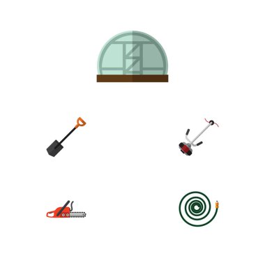 Düz simge çiftlik seti Spade, çim-kesici, Hosepipe ve diğer vektör nesneleri. Çim, Hosepipe, araç öğeleri de içerir.