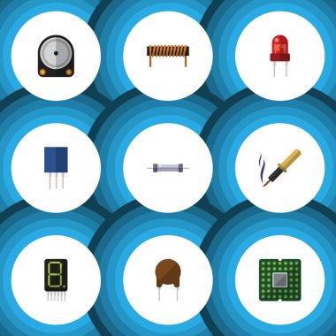 Düz simge teknoloji Hdd, direnç, bobin ve diğer vektör nesnelerini ayarlayın. Ayrıca hesap makinesi, ekran, alıcı öğeleri içerir.