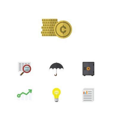 Düz simgesi gelen para, belge, tarama ve diğer vektör nesneleri kümesi. Ayrıca belge, ok, şemsiye öğeleri içerir.