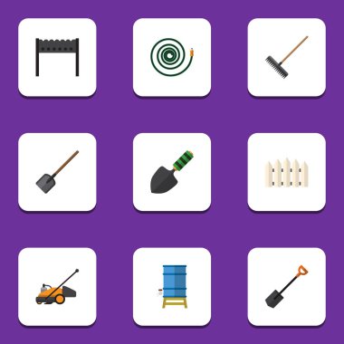 Düz simgesi kulübemde çim biçme makinesi, Harrow, mala ve diğer vektör nesneleri kümesi. Aynı zamanda su, Bahçe, Spatula öğeleri içerir.