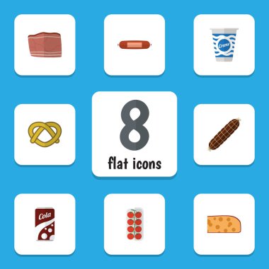 Kielbasa, gazlı içecek, yoğurt ve diğer vektör nesnelerini düz simge yemek seti. Ayrıca içerir füme, peynir, Holland öğeleri.