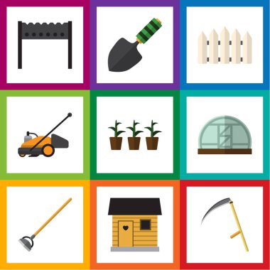 Düz kutsal kişilerin resmi Bahçe kesici, sera, mala ve diğer vektör nesneleri kümesi. Ayrıca çapa, çiftlik, tırpan unsurları içerir.