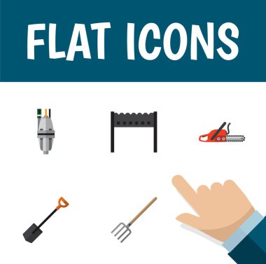 Düz kutsal kişilerin resmi Bahçe saman çatal, demir testeresi, Barbekü ve diğer vektör nesneleri kümesi. Blade, mangal, Barbekü öğeleri de içerir.