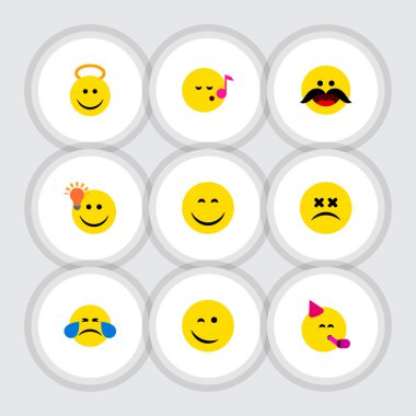 Soğuk ter, melek, şaşı yüz ve diğer vektör nesnelerini düz simgesi ifade ayarlayın. Ayrıca gülümseme, ışık, parti öğeleri içerir.