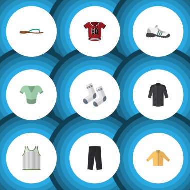 Düz simge giysi seti ayak Tekstil, Banyan, spor ayakkabıları ve diğer vektör nesneleri. Ayrıca ayak, tekstil, Sandal öğeleri içerir.