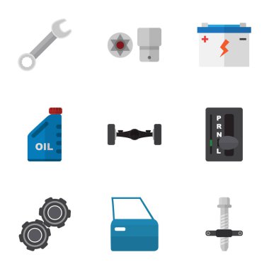 Düz simgesi atölye küme Turnscrew, süspansiyon, susturucu ve diğer vektör nesneleri. Ayrıca İngiliz anahtarı, akümülatör, anahtar öğeleri içerir.