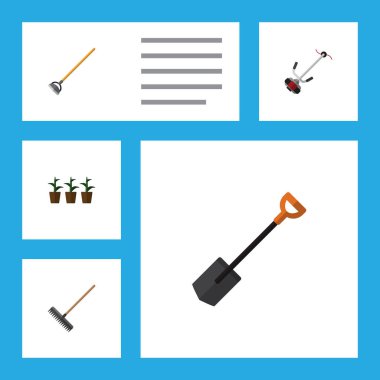 Düz simgesi kulübemde çim-kesici, Harrow, saksı ve diğer vektör nesnelerini ayarlayın. Aynı zamanda çim, çapa, Bahçe öğeler içerir.