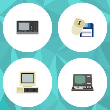 Düz simge bilgisayar kümesi Vintage donanım, bilgisayar, bilgisayar fare ve diğer vektör nesneleri. Ayrıca disket, Pc, bilgisayar öğeleri içerir.