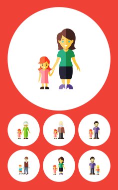 Düz simgesi yakınları büyükbaba, çocuklar, baba vektör nesneleri kümesi. Büyükanne, erkek, çocuk öğeleri de içerir.