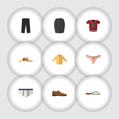 Düz simgesi elbise, iç çamaşırı, şık şapkalar, erkek Footware ve diğer vektör nesnelerini ayarlayın. Ayrıca pantolon, sandalet, tozluk öğeleri içerir.
