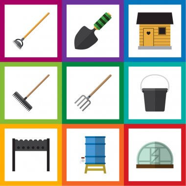 Düz simgesi çiftlik kümesi kapsayıcı, Barbekü, sera ve diğer vektör nesneleri. Ayrıca kova, çapa, çiftlik evi öğeleri içerir.