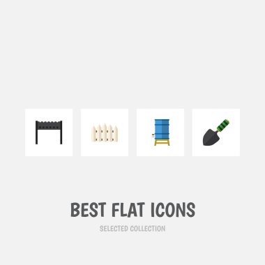 Düz simgesi çiftlik kümesi Barbekü, ahşap bariyer, konteyner ve diğer vektör nesneleri. Ayrıca mangal, Tank, kürek unsurları içerir.