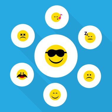 Düz simgesi hareket kümesini üzgün, gülümseme, mutlu ve diğer vektör nesneleri. Ayrıca bıyık, yüz, sevinç unsurları içerir.