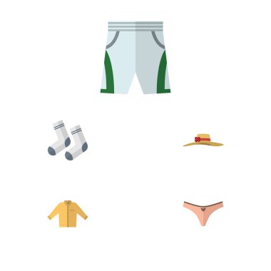 Düz simgesi giysi kümesi iç çamaşırı, Banyan, mayo kumaş ve diğer vektör nesneleri. Ayrıca bez, Mayo, şapkalar öğeleri içerir.