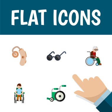 Düz simgesi Engelli donanımları, gözlük, özürlü ve diğer vektör nesnelerini ayarlayın. Ayrıca yardım, özürlü, güneş gözlüğü öğeleri içerir.