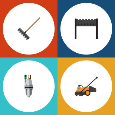 Düz kutsal kişilerin resmi Bahçe çim biçme makinesi, Harrow, Barbekü ve diğer vektör nesneleri kümesi. Ayrıca Barbekü, pompa, komisyon unsurları içerir.