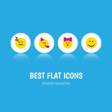 Düz simgesi Emoji kümesi okşa, uykuda, parti zamanı ifade ve diğer vektör nesneleri. Gülümseme, uyku, eğlenceli öğeleri de içerir.