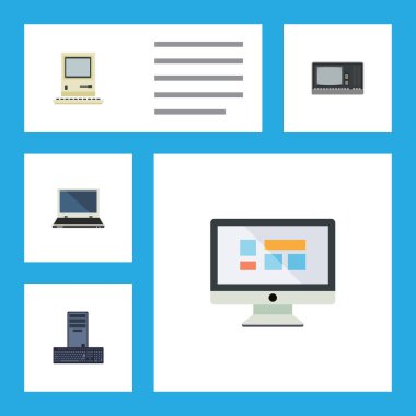 Düz simgesi dizüstü ekran, dizüstü bilgisayar, işlemci ve diğer vektör nesnelerini ayarlayın. Ayrıca bilgisayar, Retro, Vintage öğeler içerir.