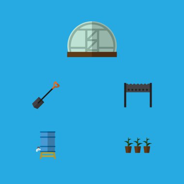 Düz kutsal kişilerin resmi Bahçe saksı, konteyner, Spade ve diğer vektör nesneleri kümesi. Ayrıca su, içerir sera, kürek öğeleri.