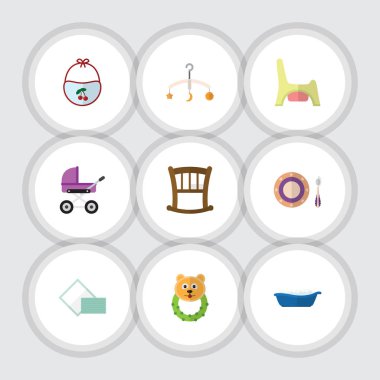 Küvet, Rattle, tuvalet ve diğer vektör nesnelerini düz simge bebek seti. Ayrıca lazımlık, Rattle, beşik unsurları içerir.