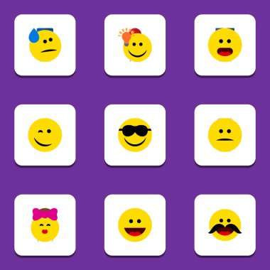 Simge ifade dizi mutlu düz, gülmek, iyi bir görüş ve diğer vektör nesnelerinin vardır. Da karıştı, neşeli, içerir güneş gözlüğü öğeleri.