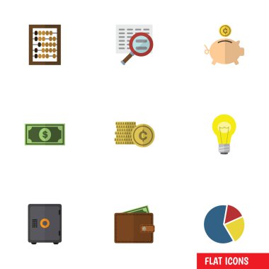 Düz simgesi Finans Para Kasası, nakit, Bubl ve diğer vektör nesnelerini ayarlayın. Ayrıca fikir, banka, hesap makinesi öğeleri içerir.