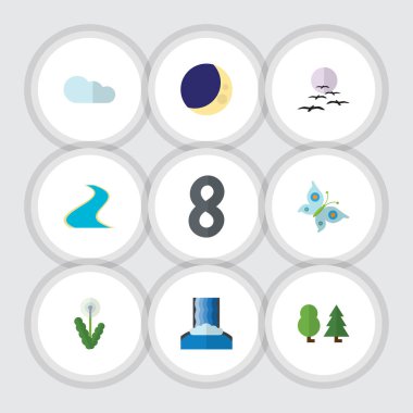 Hükümdar, orman, kolu ve diğer vektör nesnelerini düz simgesi doğal kümesi. Ayrıca ay, şelale, gece yarısı öğeleri içerir.