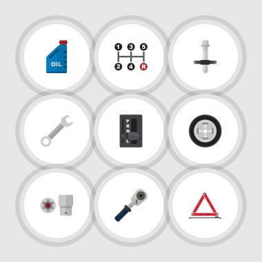 Düz simgesi otomatik kümesi benzin, uyarı, susturucu ve diğer vektör nesneleri. Ayrıca öğeleri taşıyan durak, blok, içerir.