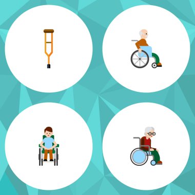 Düz simgesi sakat dizi tekerlekli sandalye, özürlü, özürlü adam vektör nesneleri. Ayrıca Stand, tekerlekli sandalye, sopa öğeler içerir.