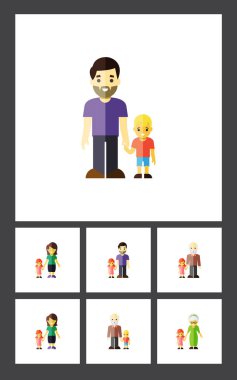 Düz simgesi insanlar koymak İngitere, anne, torun vektör nesneleri. Baba, torunu, Aile öğeleri de içerir.