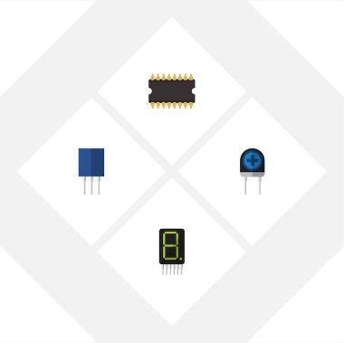 Düz simge teknoloji mikroişlemci, ekran, dönüştürücü ve diğer vektör nesneleri kümesi. Ayrıca birim, işlemci, dönüştürücü öğeleri içerir.