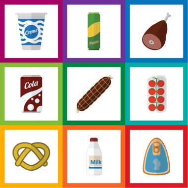 Düz simgesi yemek et, spagetti, şişe ve diğer vektör nesnelerini ayarlayın. Ayrıca elma, sığır eti, tanımlama bilgisi öğeleri içerir.