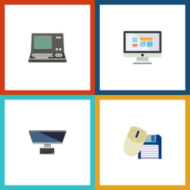 Düz simgesi dizüstü bilgisayar kümesi Pc, bilgisayar fare, ekran ve diğer vektör nesneleri. Ayrıca disket, ekran, monitör unsurları içerir.