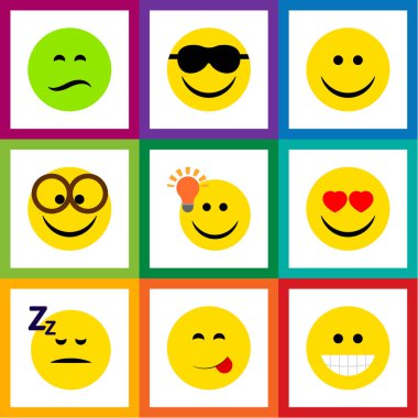 Düz simgesi Emoji kümesine sahip iyi bir görüş, uykuda, mutlu ve diğer vektör nesneleri. Ayrıca üzgün, içerir yüz, mutlu elemanları.