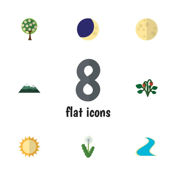 Płaskie ikona Bio zestaw Half Moon, słoneczna, dopływ i innych obiektów wektorowych. Zawiera także księżyc, truskawka, słońce elementów. — Wektor stockowy