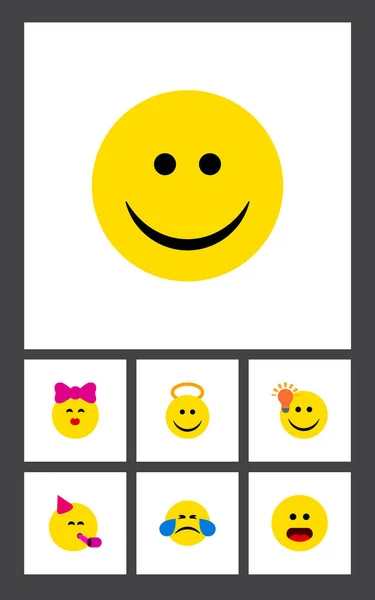 Platt ansikte Ikonuppsättning av glädje, Angel, har ett bra yttrande och andra vektorobjekt. Innehåller även ansikte, Emoji, förvirrad element. — Stock vektor