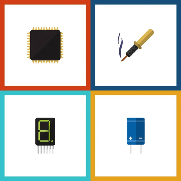 Conjunto de tecnología de iconos planos de pantalla, Cpu, transistor y otros objetos vectoriales. También incluye calculadora, plancha, elementos de visualización . — Vector de stock